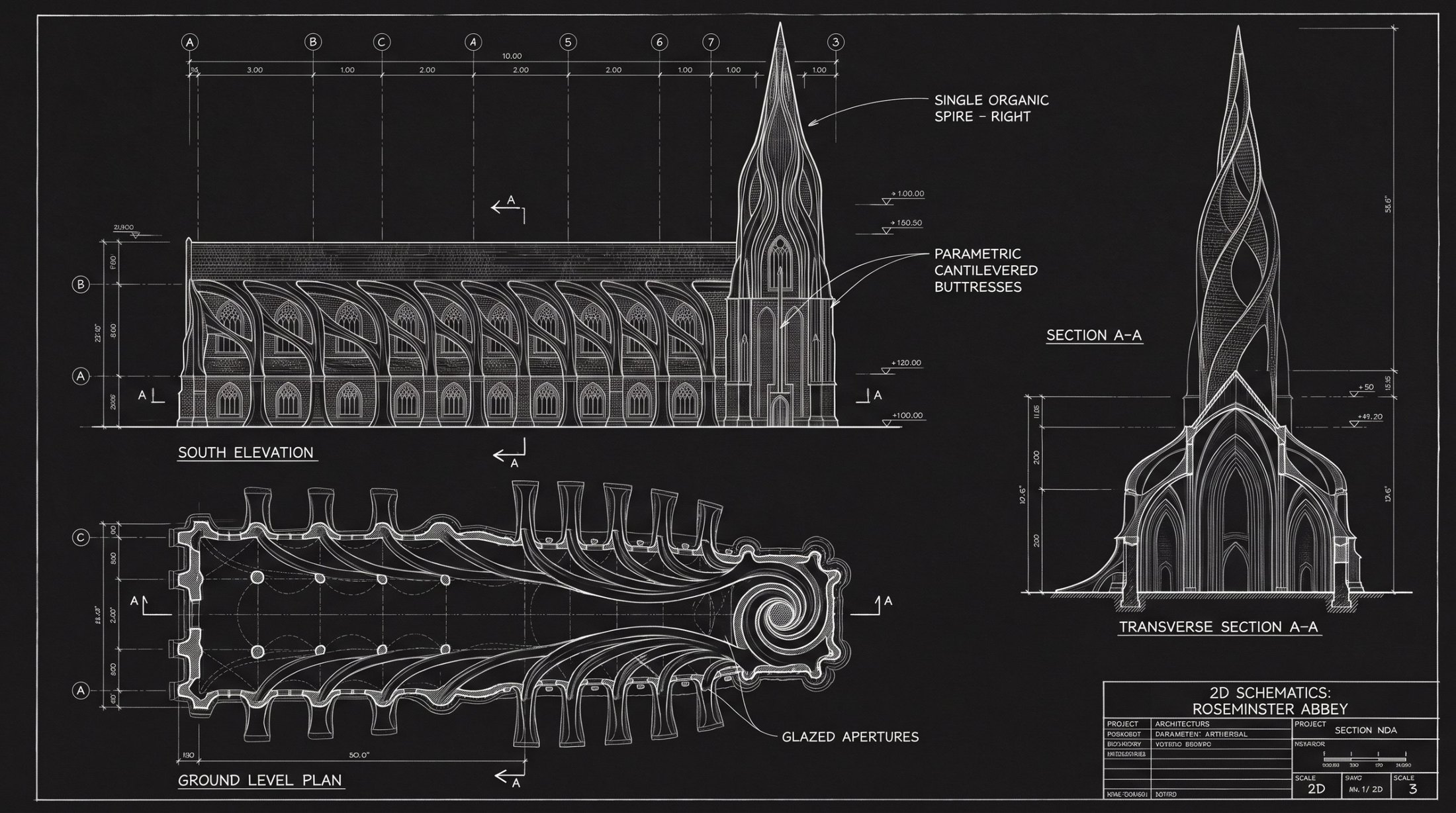 Architectural blueprint of Roseminster Abbey showing the south elevation, ground plan and transverse section
